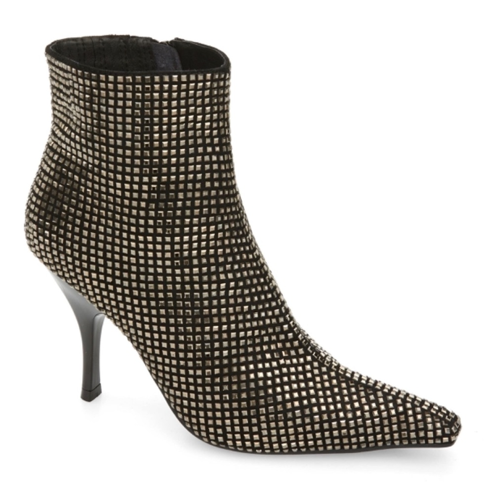 Jeffrey Campbell "Glammed" booties in bronze w/rhinestones over satin 8.5